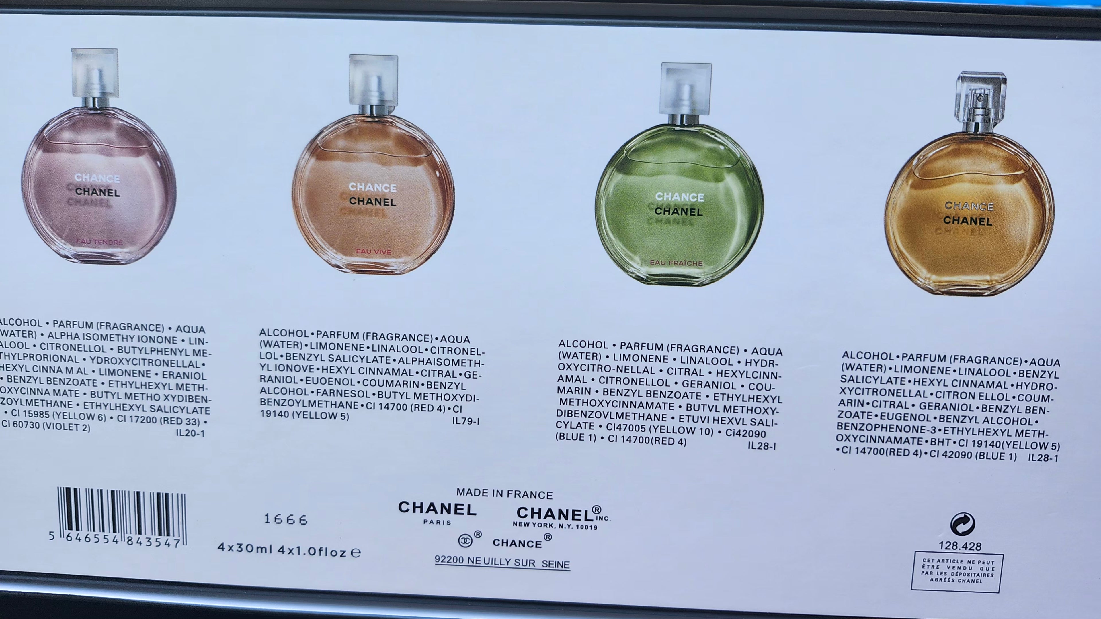 Coffret Chanel Chance – dos de la boîte avec les 4 parfums et ingrédients